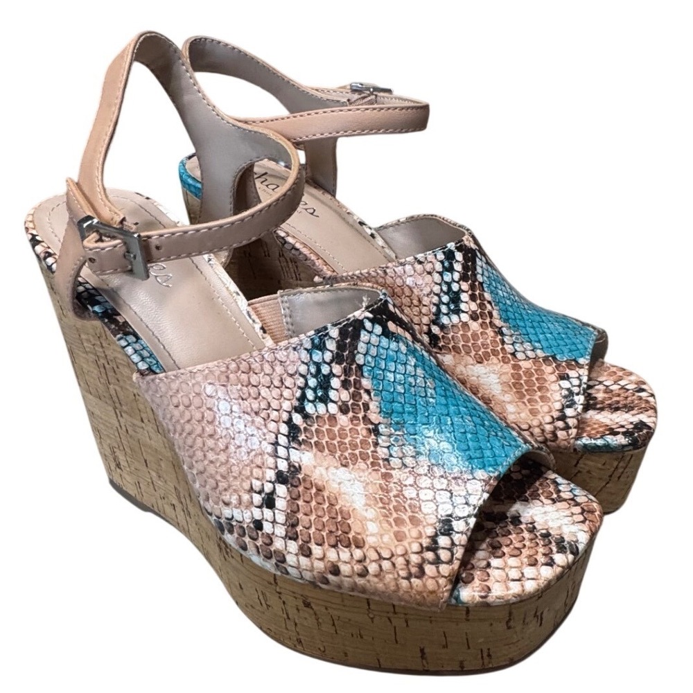 Charles David Wedge Sandals Women 7 Snakeskin‎ Platform Cork Turquoise Tan
